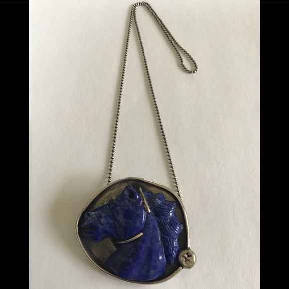 South West Artisan Jewelry - Heavy Sterling Carved Lapis Wild Horse Pendant